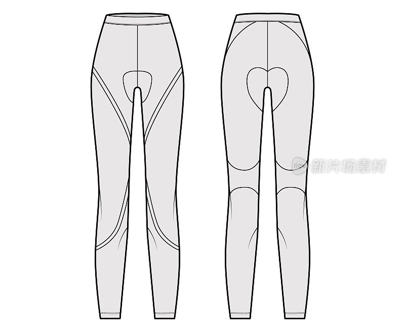 Cycling pants Leggings pants technical fashion illustration with normal waist, high rise, full length. Flat sport knit